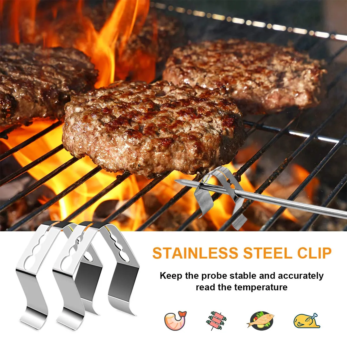 2 Pack Replacement Part for Camp Chef Meat Probes, Smoker Grill Temperature Sensor, Pellet Grills Accessories with Stainless Steel Probe Clip 2pc 1