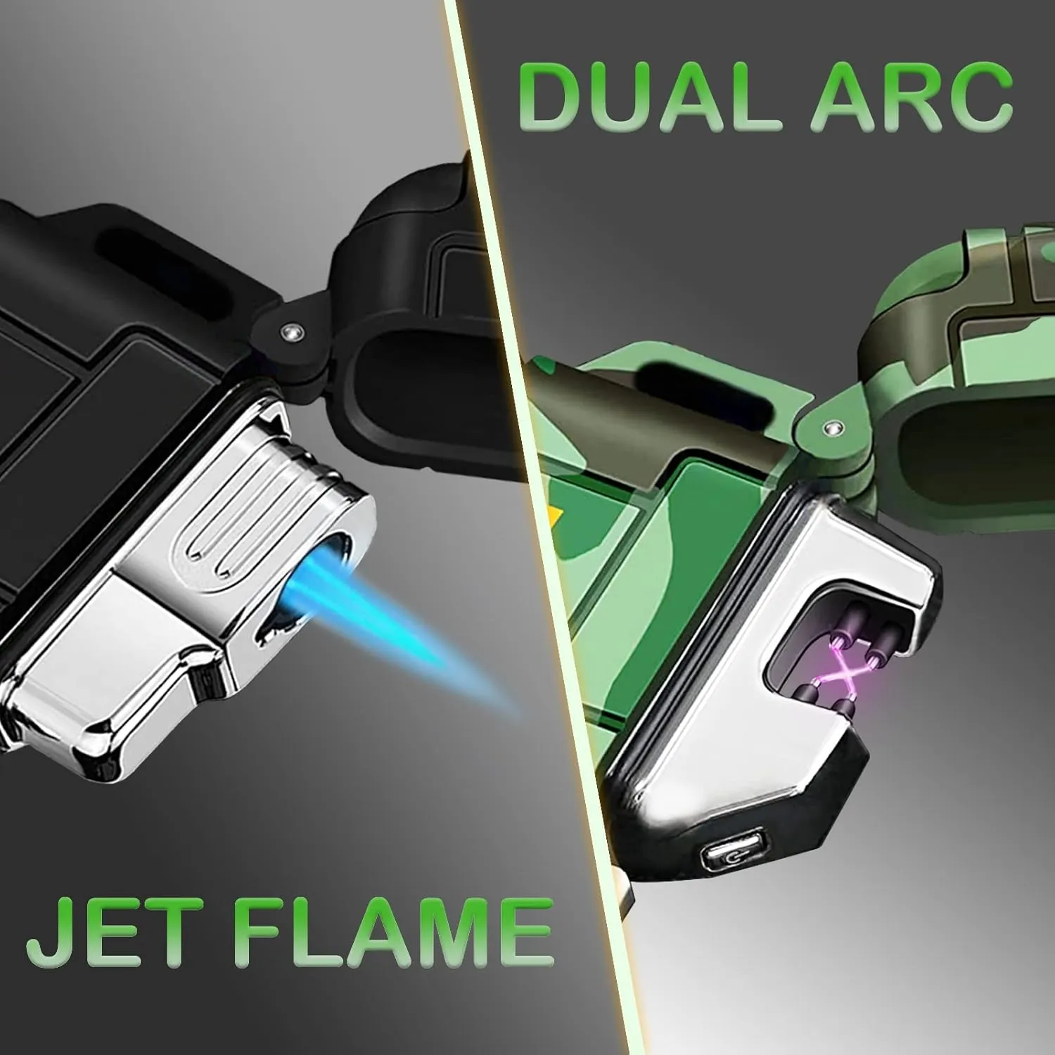 2 Pack Waterproof Lighter Outdoor Windproof Torch Lighters Dual Arc Butane Electric Lighters USB Rechargeable Lighters Flameless Plasma Lighter Camping Hiking Adventure Survival Tactical Gear
