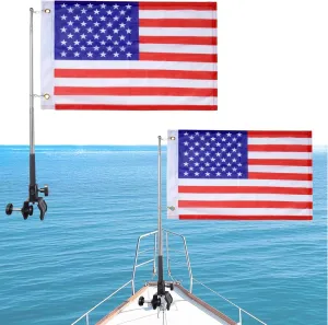 2 PCS Boat Flag Pole Kit,12''x18'' Pontoon Boat American Flags, 48inch Telescopic Pole， US Flag Holder for 0.5"-1.33" Round/Square Rails