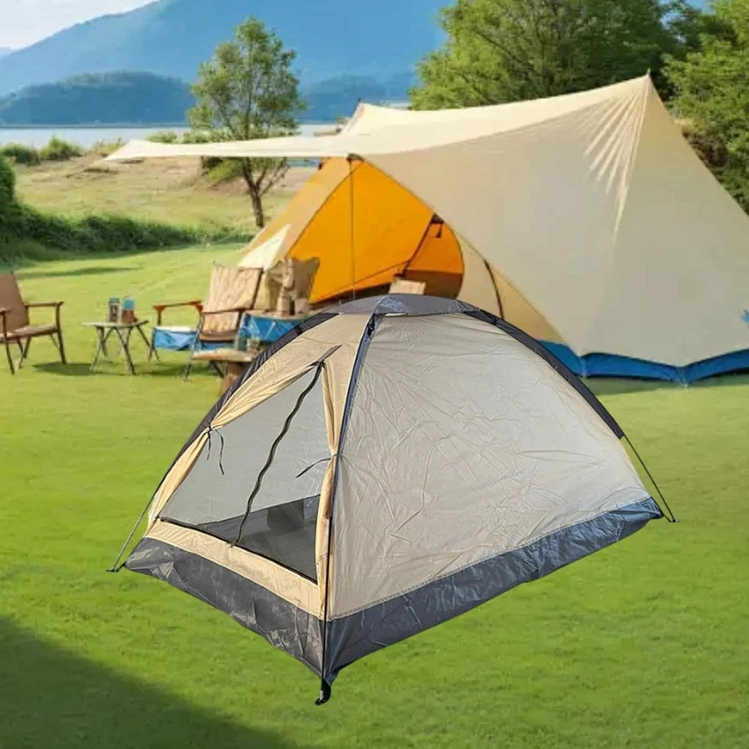 2 Person Camping Tent Folding Lightweight Windproof Easy Setup Single Layer Sun Shelter for Traveling Backpacking Yard Family