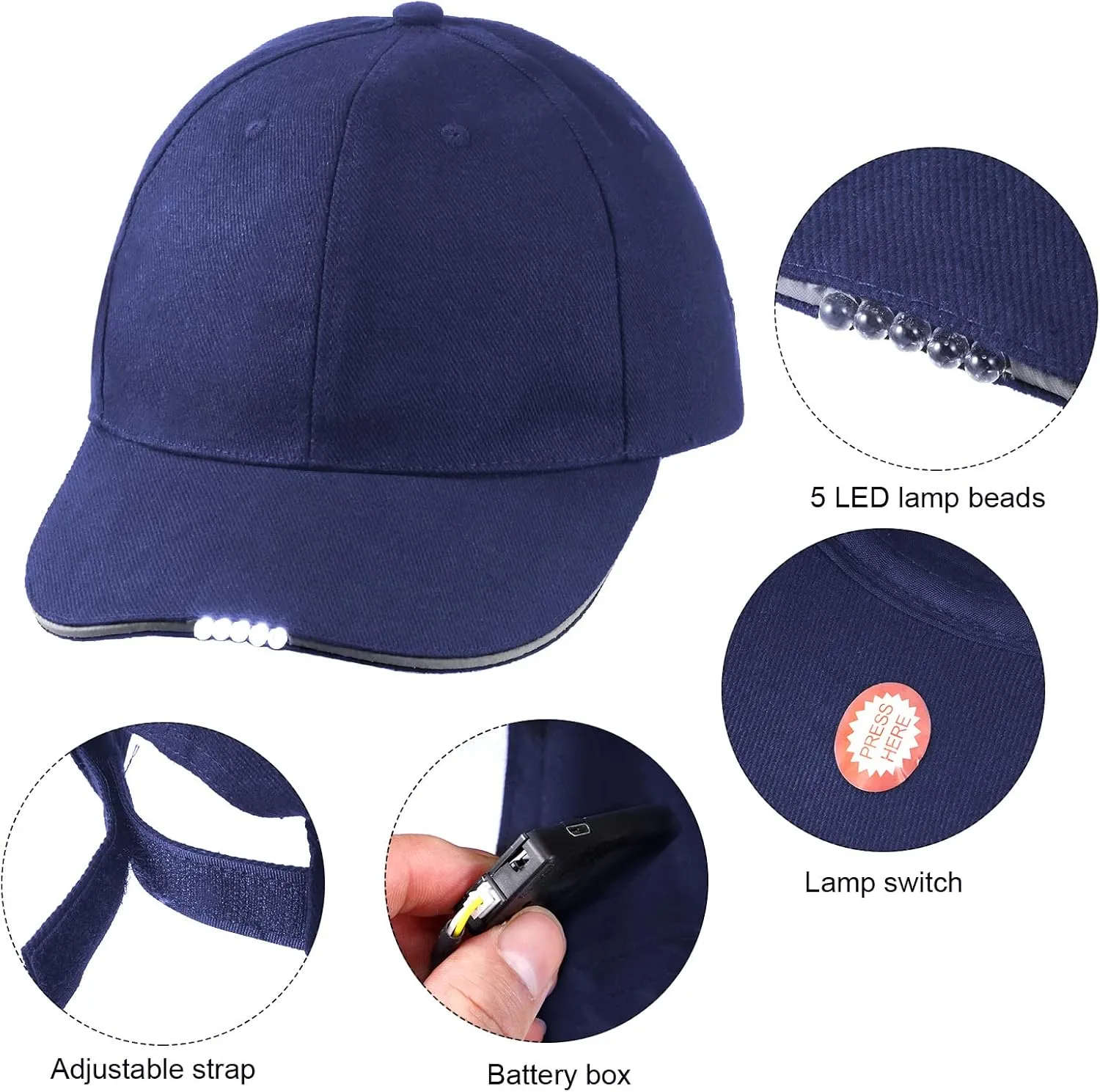 2 Pieces Baseball Cap with Light Hands Free LED Baseball Cap 5 LED Battery Powered Headlamp Hat Flashlight Hat for Fishing Jogging Camping Hand Work
