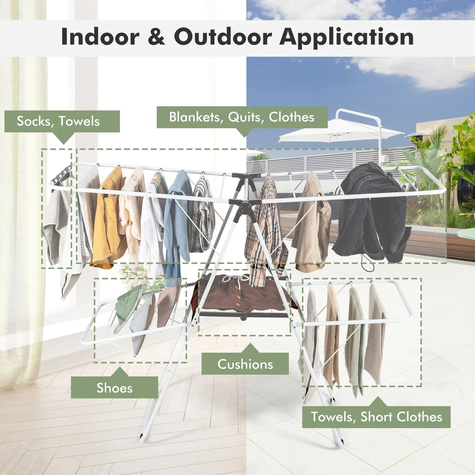 2-Tier Foldable Clothes Drying Rack with Adjustable Gullwing