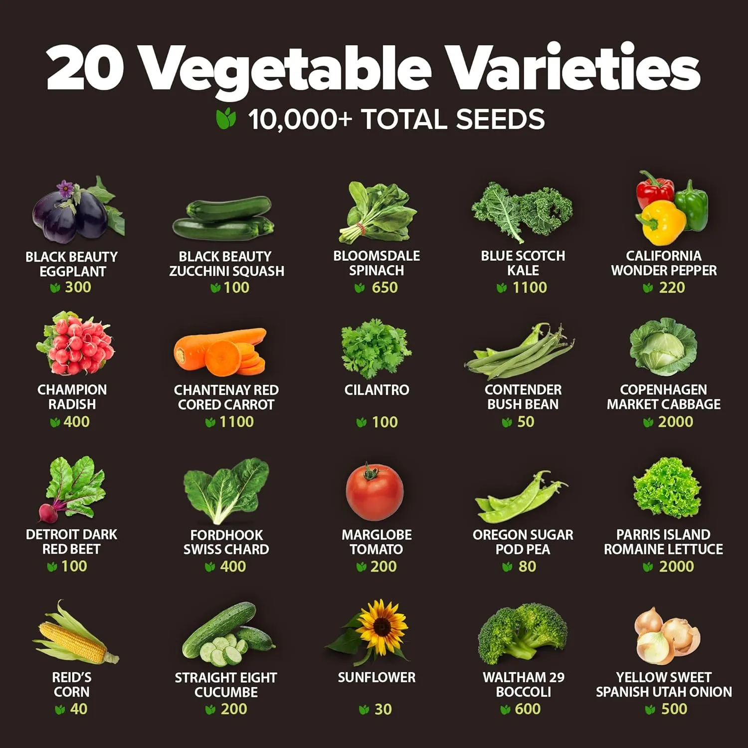 20 Heirloom Vegetable Seeds - 10,000  Survival Seeds and Emergency Prepper Gear - Non GMO Vegetable Seeds for Planting Home Garden Variety Pack