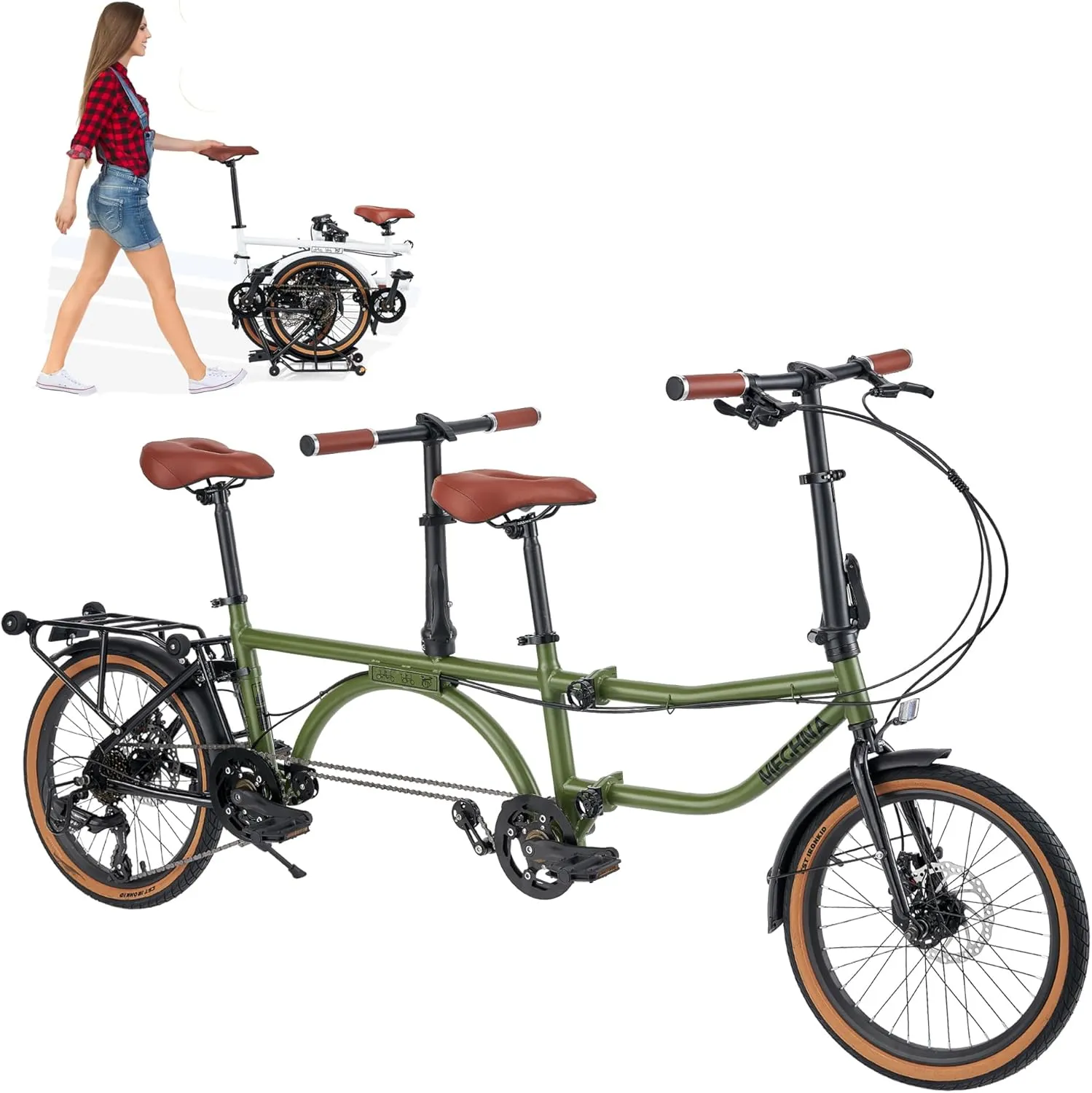 20 inch 4-Fold Tandem Bicycle for 2 Person, High Carbon Steel Frame, 7-Speed Gear, Front & Rear Disc Brakes, Foldable Rear Wheel & 4-Wheel Rack for Easy Pushing