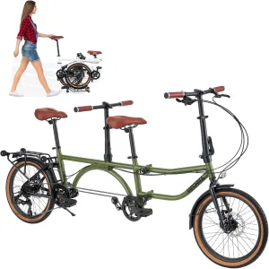20 inch 4-Fold Tandem Bicycle for 2 Person, High Carbon Steel Frame, 7-Speed Gear, Front & Rear Disc Brakes, Foldable Rear Wheel & 4-Wheel Rack for Easy Pushing
