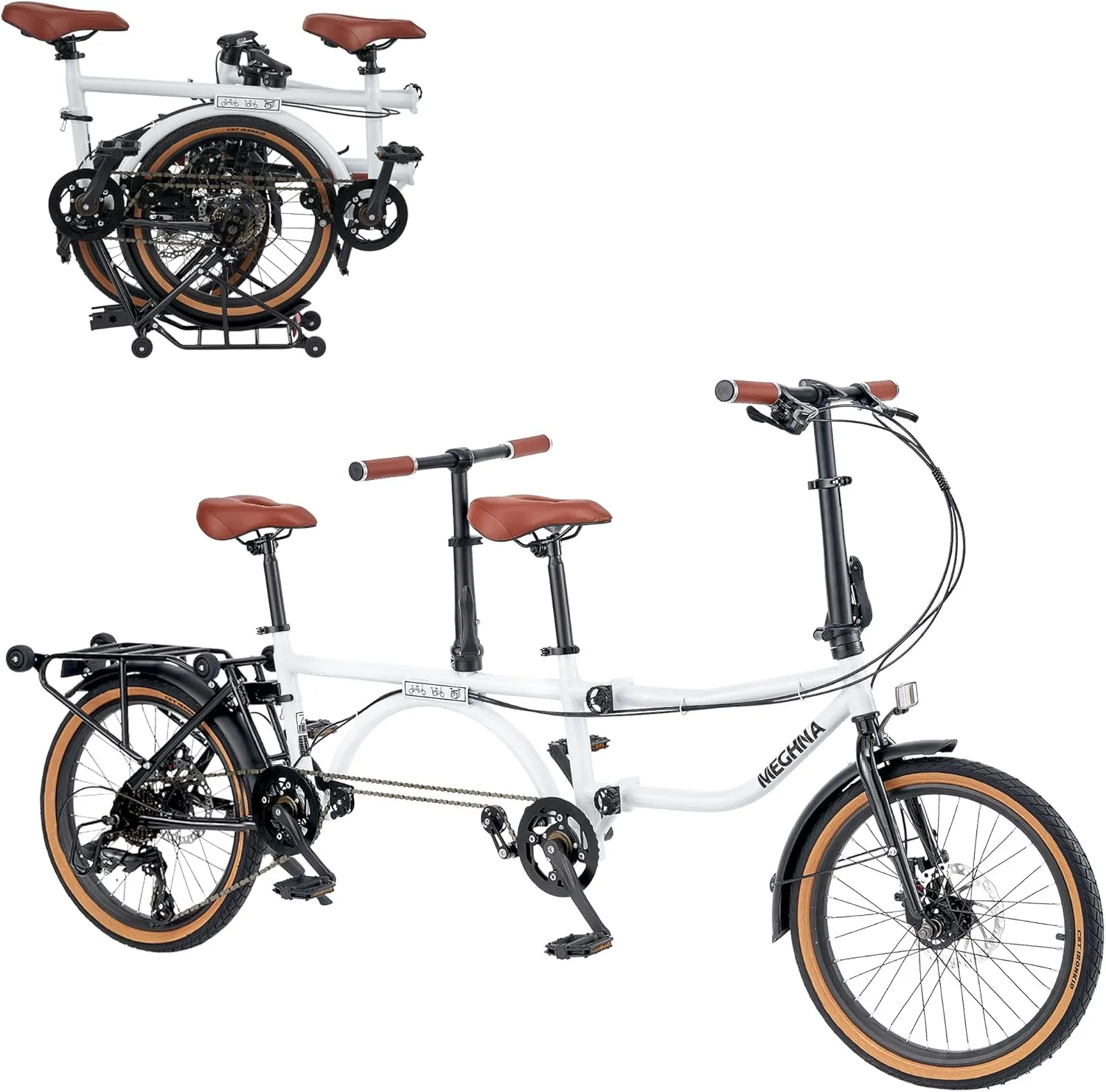 20 inch 4-Fold Tandem Bicycle for 2 Person, High Carbon Steel Frame, 7-Speed Gear, Front & Rear Disc Brakes, Foldable Rear Wheel & 4-Wheel Rack for Easy Pushing