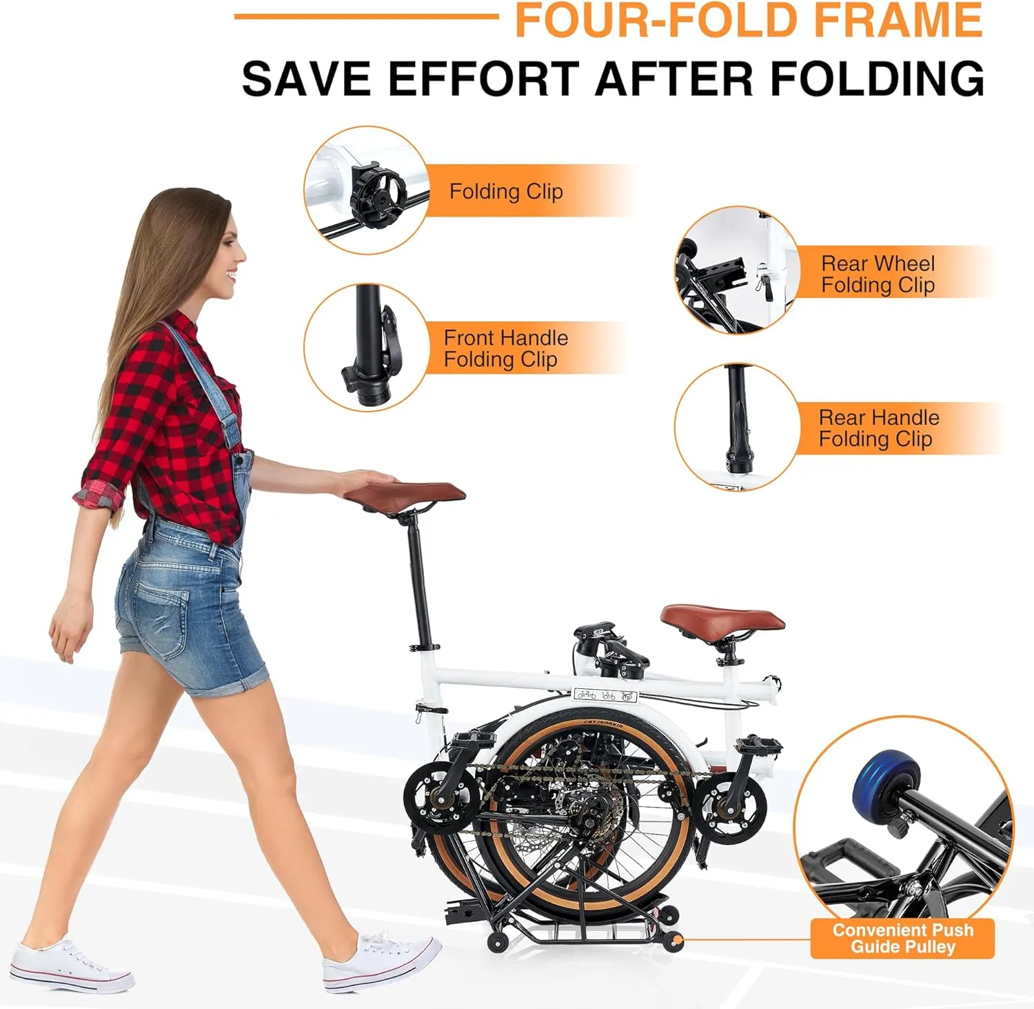 20 inch 4-Fold Tandem Bicycle for 2 Person, High Carbon Steel Frame, 7-Speed Gear, Front & Rear Disc Brakes, Foldable Rear Wheel & 4-Wheel Rack for Easy Pushing