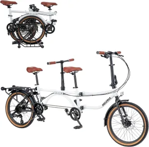 20 inch 4-Fold Tandem Bicycle for 2 Person, High Carbon Steel Frame, 7-Speed Gear, Front & Rear Disc Brakes, Foldable Rear Wheel & 4-Wheel Rack for Easy Pushing