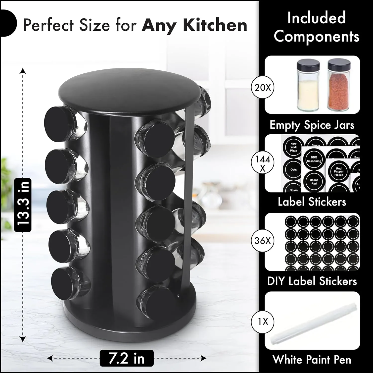 20 Jar Revolving Countertop Spice Rack, Polished Stainless Steel (Black)