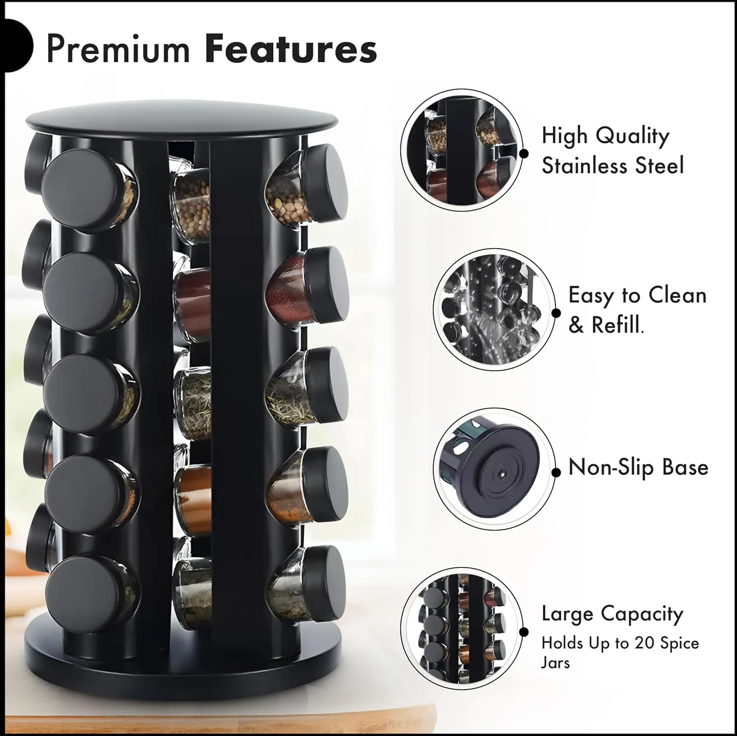 20 Jar Revolving Countertop Spice Rack, Polished Stainless Steel (Black)