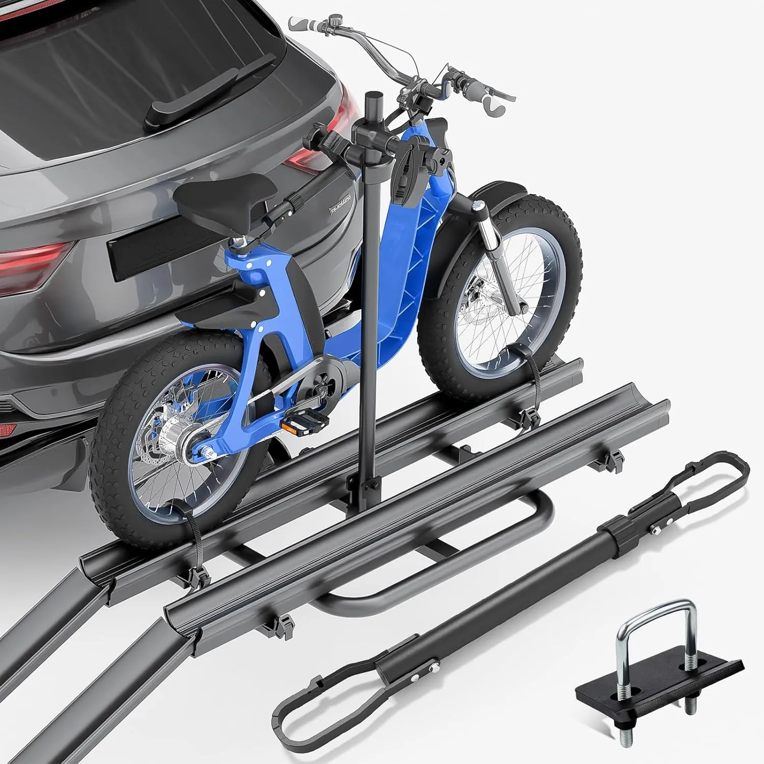 200 LBS Capacity 2 EBike Rack with Cross Bar and Ramp, 5" Fat Tire Carrier, Lockable & Foldable Electric Bicycle Racks, Bike Racks Platform Fits 2" Standard Hitch for SUVs Cars Trucks Vans