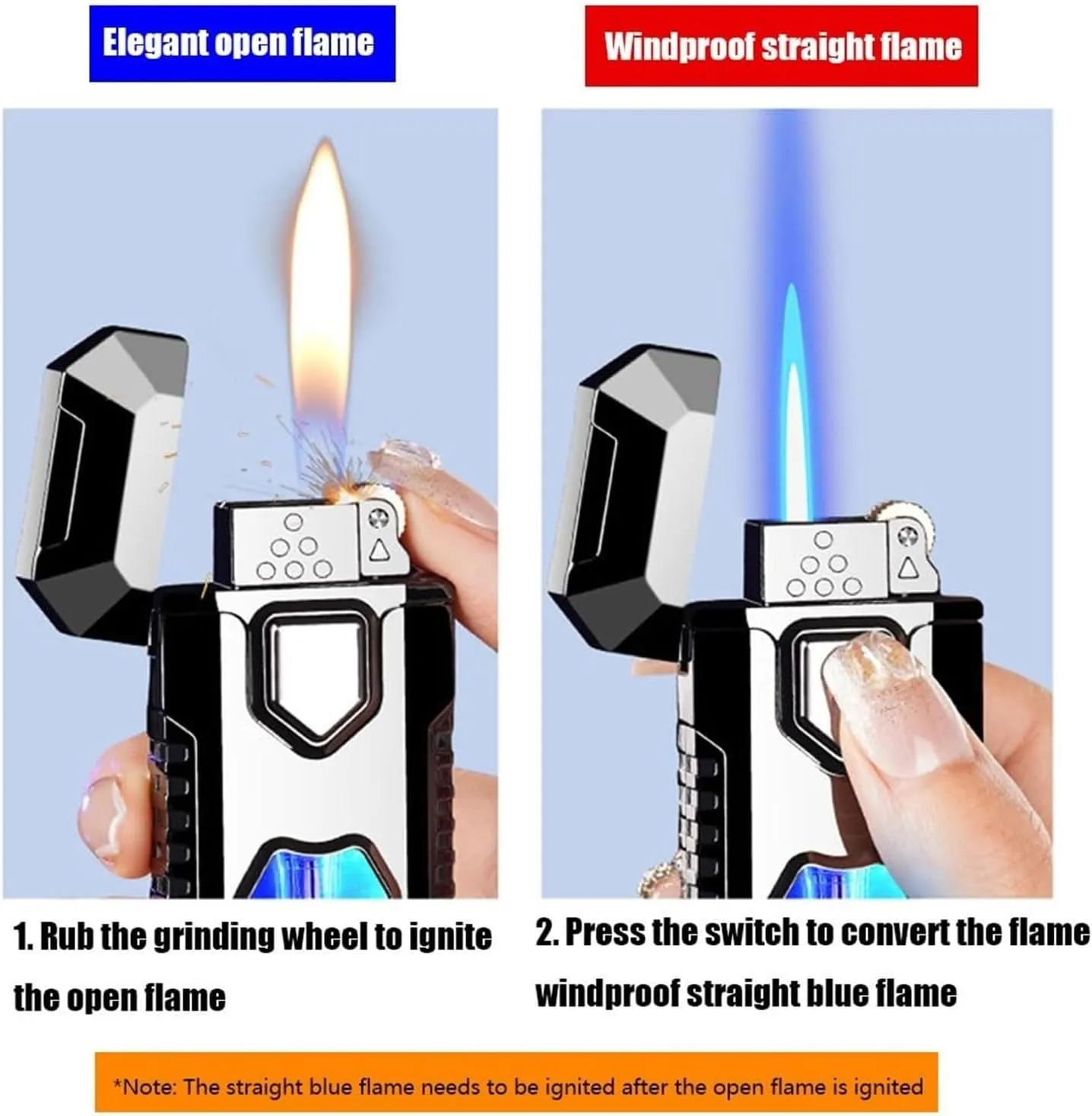 2024 Metal Butane Gas Lighter, Strong Wind Resistance, Open Flame Direct Dual Flame Lighter, Adjustable Flame Size, Visible Butane Fuel Window, Portable Lighter, Suitable for Candle Camping, Men's Gif