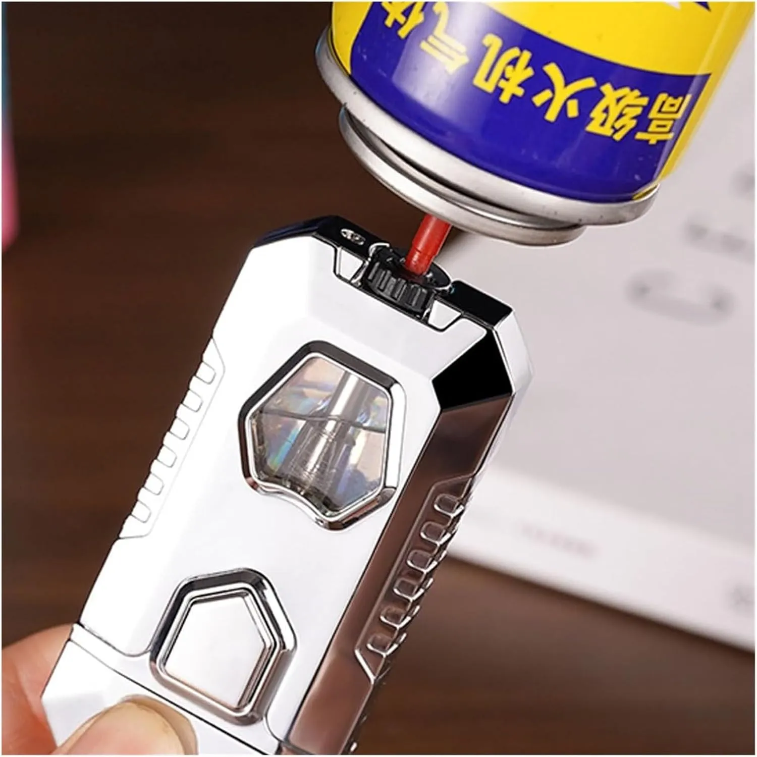 2024 Metal Butane Gas Lighter, Strong Wind Resistance, Open Flame Direct Dual Flame Lighter, Adjustable Flame Size, Visible Butane Fuel Window, Portable Lighter, Suitable for Candle Camping, Men's Gif