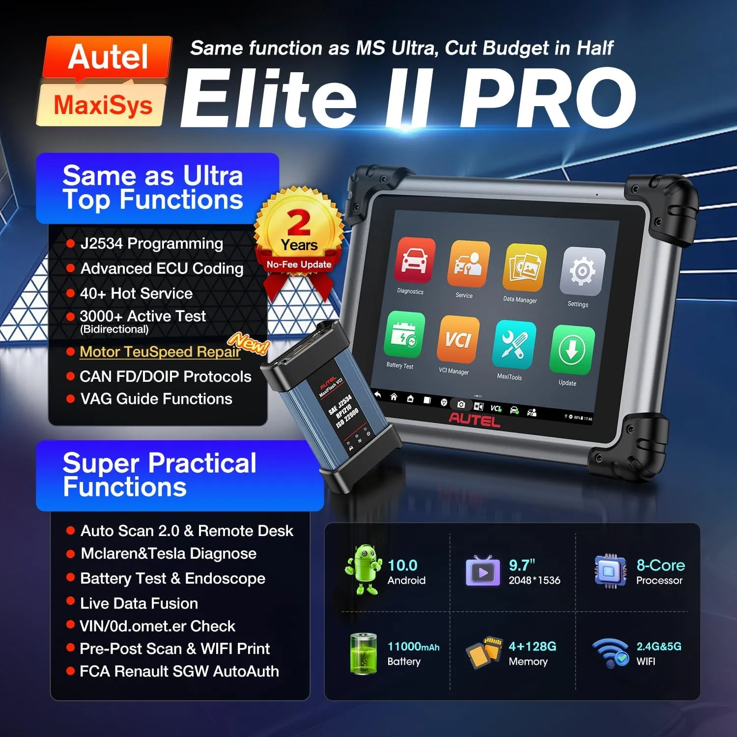 2025 Autel MaxiSys Elite II PRO, 2-Year Free Update [$2590] Elite 2 PRO, J2534 Programming Coding, Same as MSUltra MS919 MS909, 3K  Tests, Bidirectional Diagnostic Scanner, CANFD & DoIP, FCA, 10.0 OS