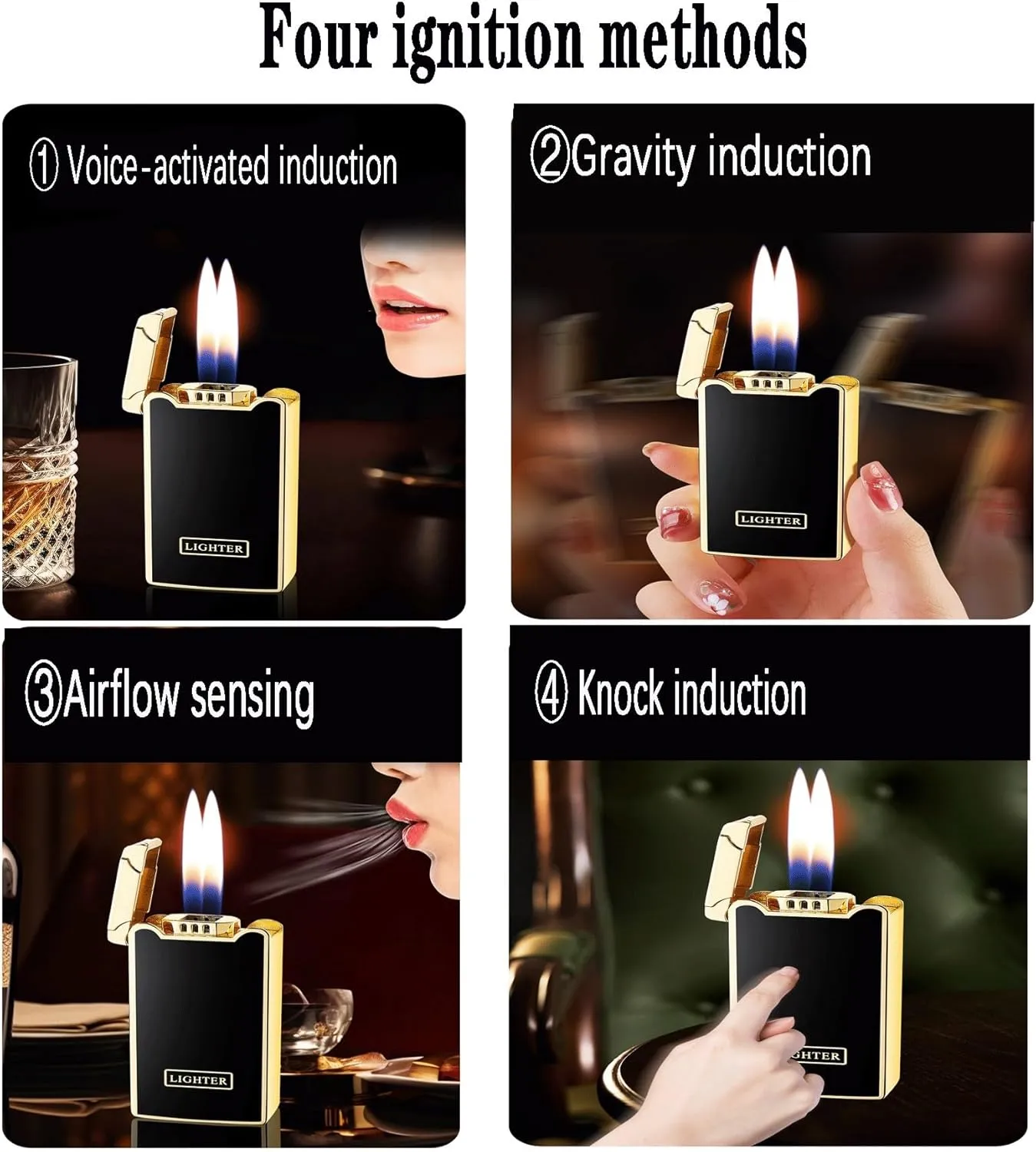 2025 Intelligent Voice-Controlled high-tech Lighter, Four Ignition Methods, Visible Transparent air Window, Metal Windproof Inflatable Double Open Flame Lighter, Suitable for Candle Camping(Red)