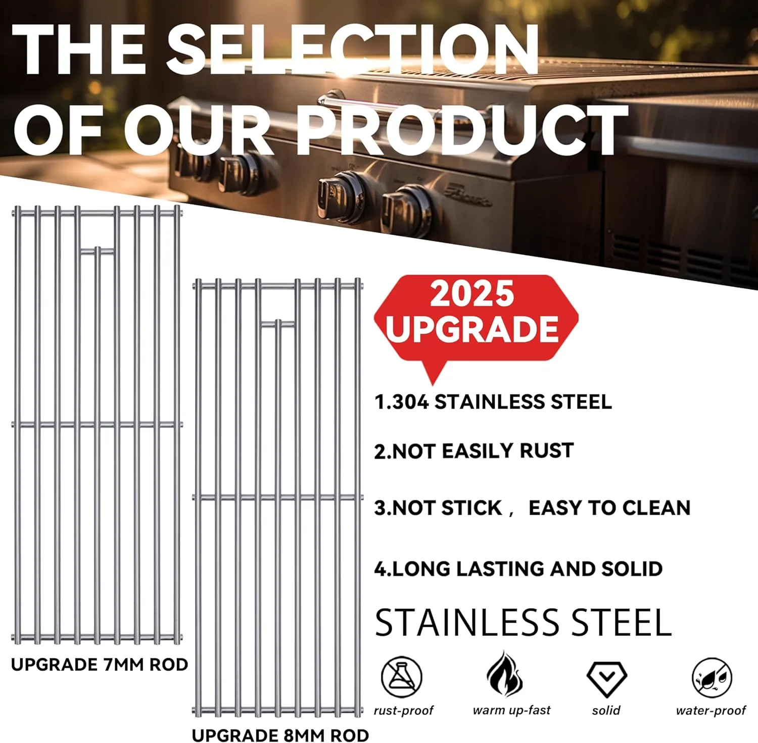 2025 Upgrade 1 Pack 8mm SS304 Stainless Steel BBQ Cooking Grill Grate Replacement Part for Bull 16517,BBQ Angus 47628, Brahma, Lonstar Select, Outlaw Steer Premium, Lonestar Select,7 Burner Premium