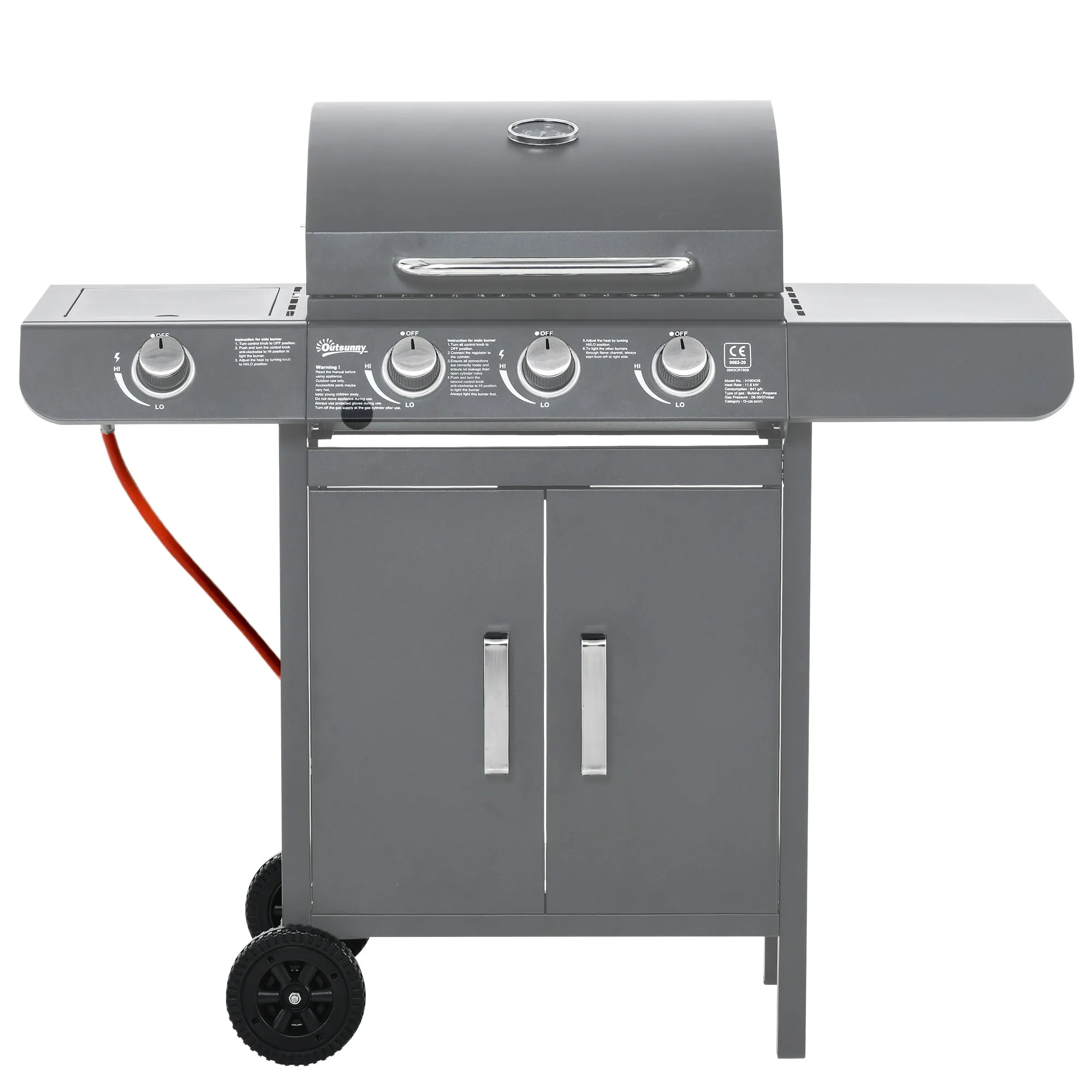 3 1 Burner Gas BBQ Grill, Outdoor Barbecue Trolley with Wheels, Warming Rack, Side Shelves, Cabinet, Thermometer for Garden, Party, Camping, 110L x 50W x 100Hcm, Grey