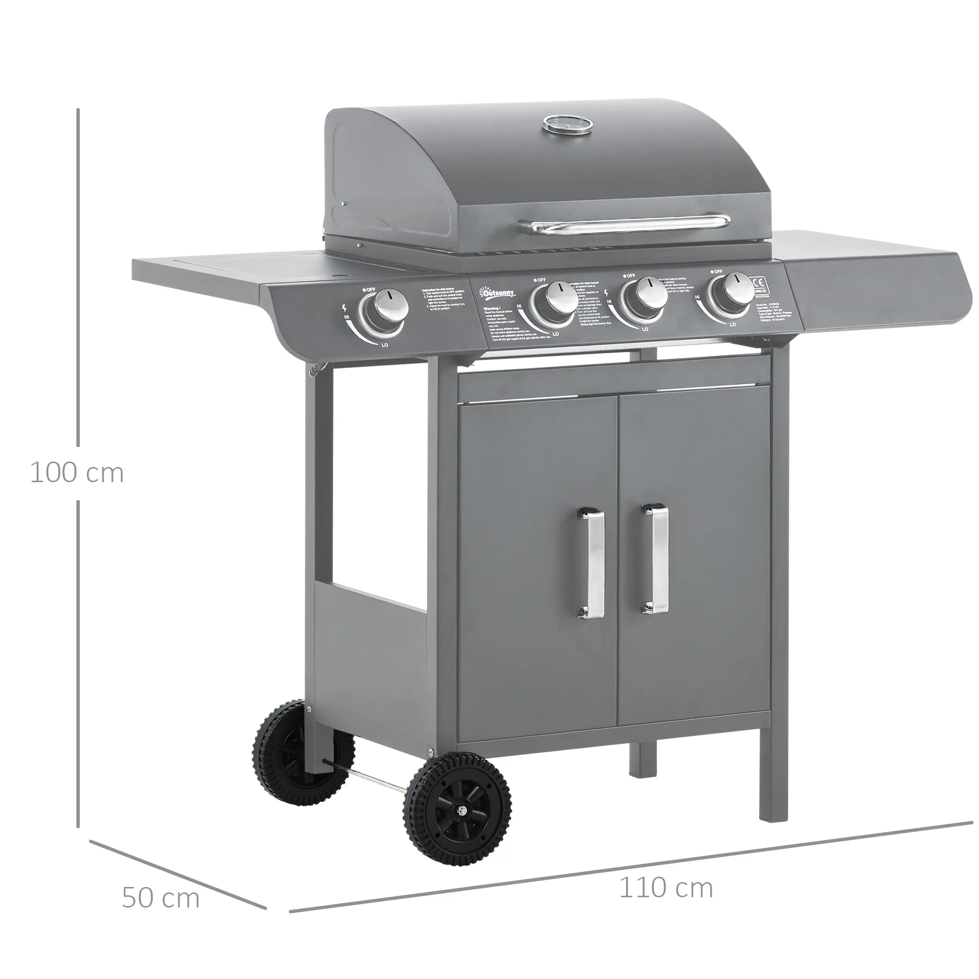 3 1 Burner Gas BBQ Grill, Outdoor Barbecue Trolley with Wheels, Warming Rack, Side Shelves, Cabinet, Thermometer for Garden, Party, Camping, 110L x 50W x 100Hcm, Grey
