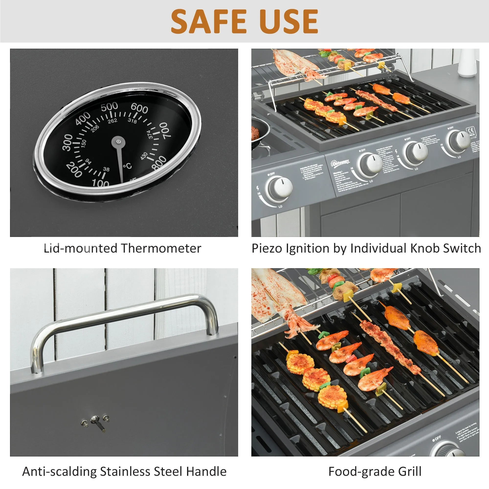 3 1 Burner Gas BBQ Grill, Outdoor Barbecue Trolley with Wheels, Warming Rack, Side Shelves, Cabinet, Thermometer for Garden, Party, Camping, 110L x 50W x 100Hcm, Grey
