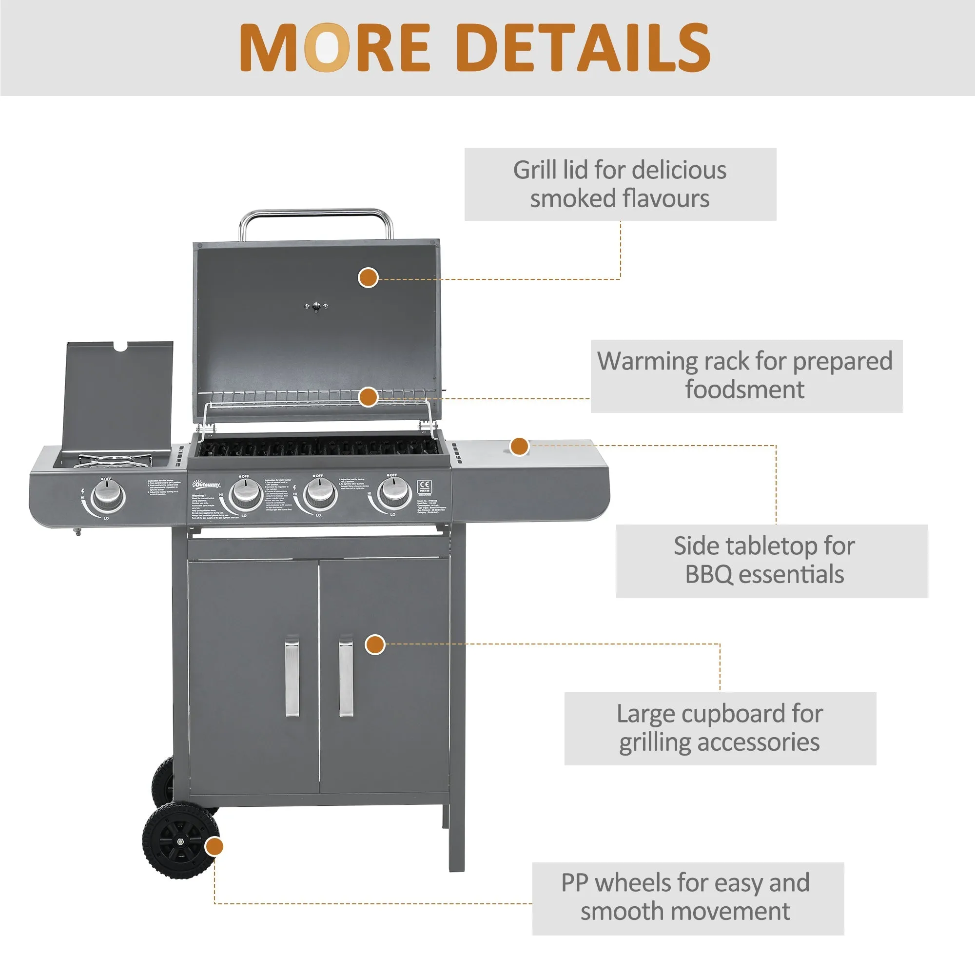 3 1 Burner Gas BBQ Grill, Outdoor Barbecue Trolley with Wheels, Warming Rack, Side Shelves, Cabinet, Thermometer for Garden, Party, Camping, 110L x 50W x 100Hcm, Grey