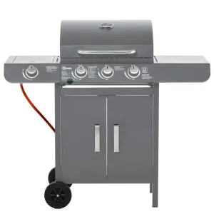 3 1 Burner Gas BBQ Grill, Outdoor Barbecue Trolley with Wheels, Warming Rack, Side Shelves, Cabinet, Thermometer for Garden, Party, Camping, 110L x 50W x 100Hcm, Grey