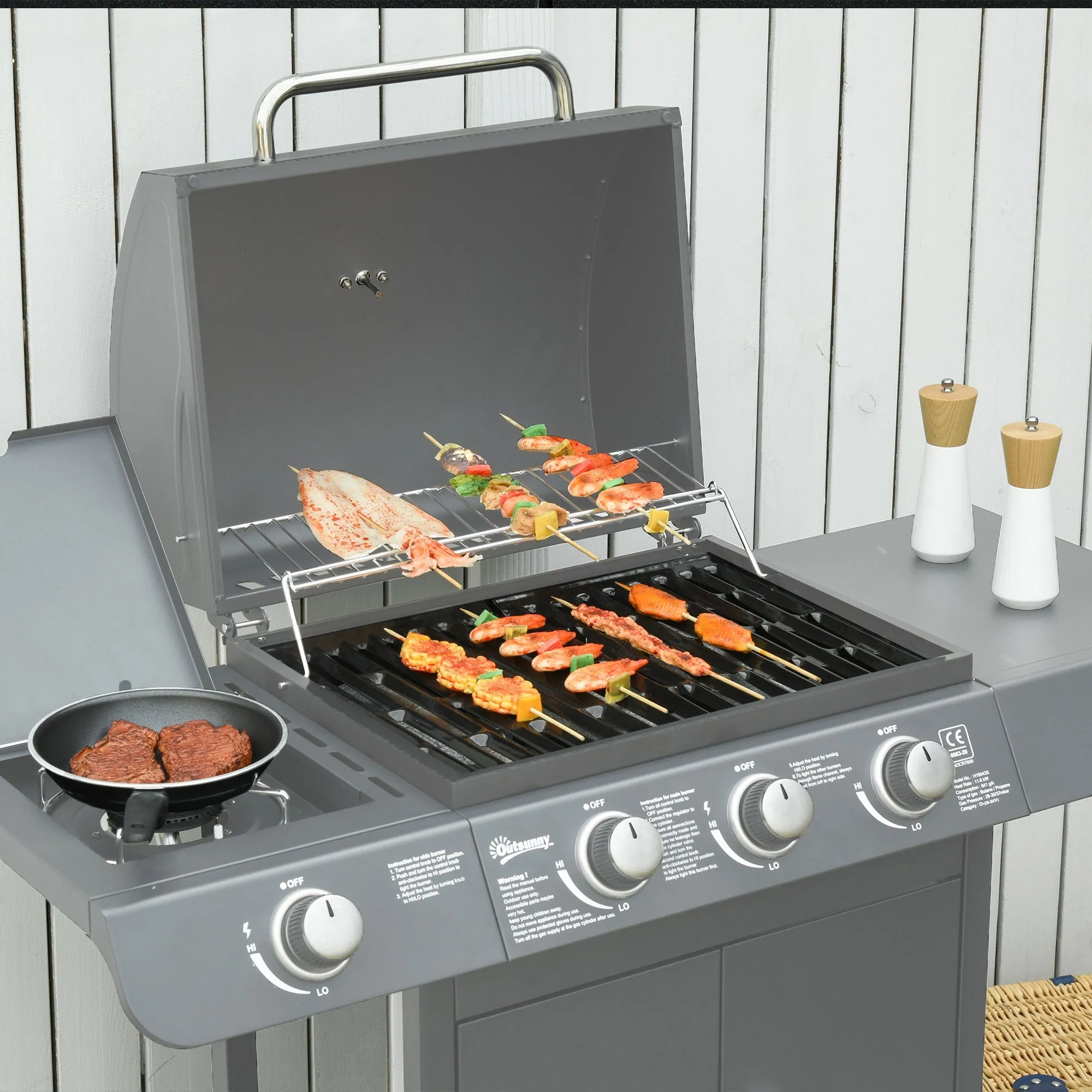 3 1 Burner Gas BBQ Grill, Outdoor Barbecue Trolley with Wheels, Warming Rack, Side Shelves, Cabinet, Thermometer for Garden, Party, Camping, 110L x 50W x 100Hcm, Grey