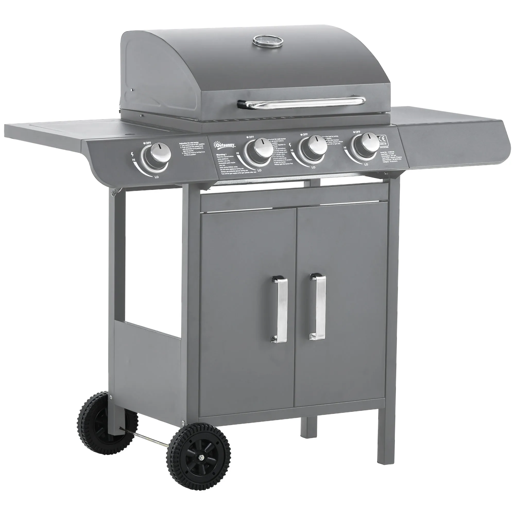 3 1 Burner Gas BBQ Grill, Outdoor Barbecue Trolley with Wheels, Warming Rack, Side Shelves, Cabinet, Thermometer for Garden, Party, Camping, 110L x 50W x 100Hcm, Grey