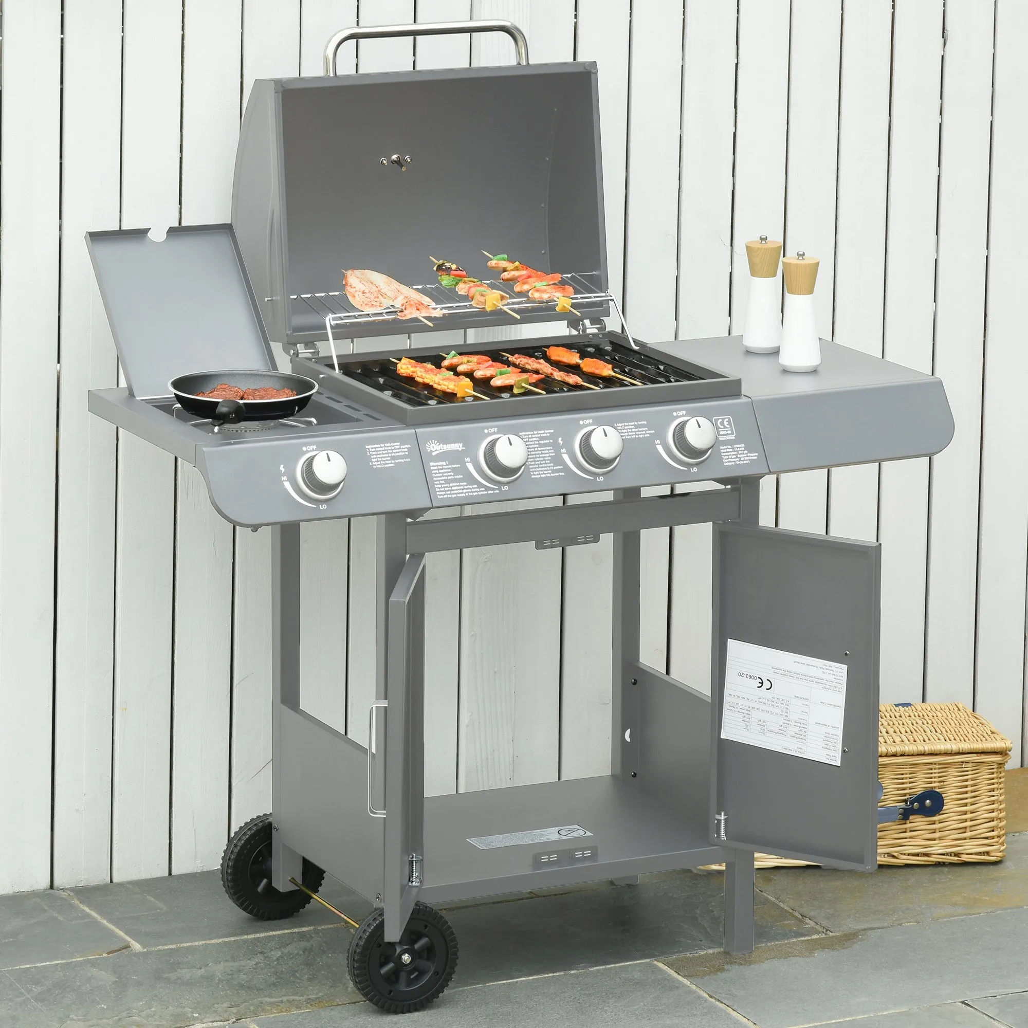 3 1 Burner Gas BBQ Grill, Outdoor Barbecue Trolley with Wheels, Warming Rack, Side Shelves, Cabinet, Thermometer for Garden, Party, Camping, 110L x 50W x 100Hcm, Grey