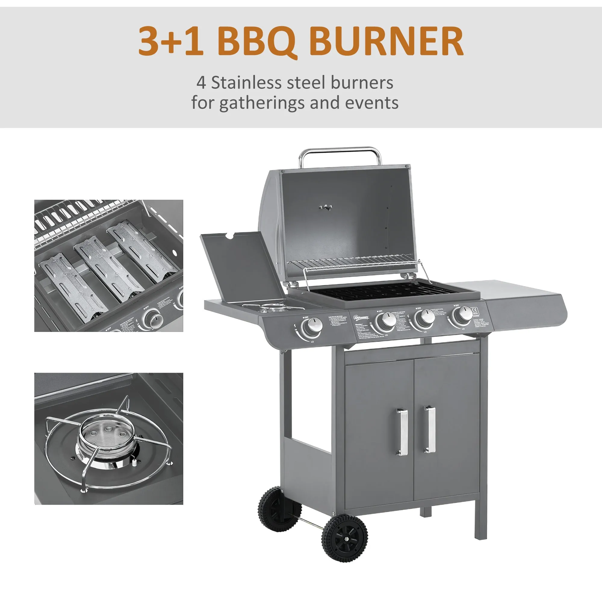 3 1 Burner Gas BBQ Grill, Outdoor Barbecue Trolley with Wheels, Warming Rack, Side Shelves, Cabinet, Thermometer for Garden, Party, Camping, 110L x 50W x 100Hcm, Grey