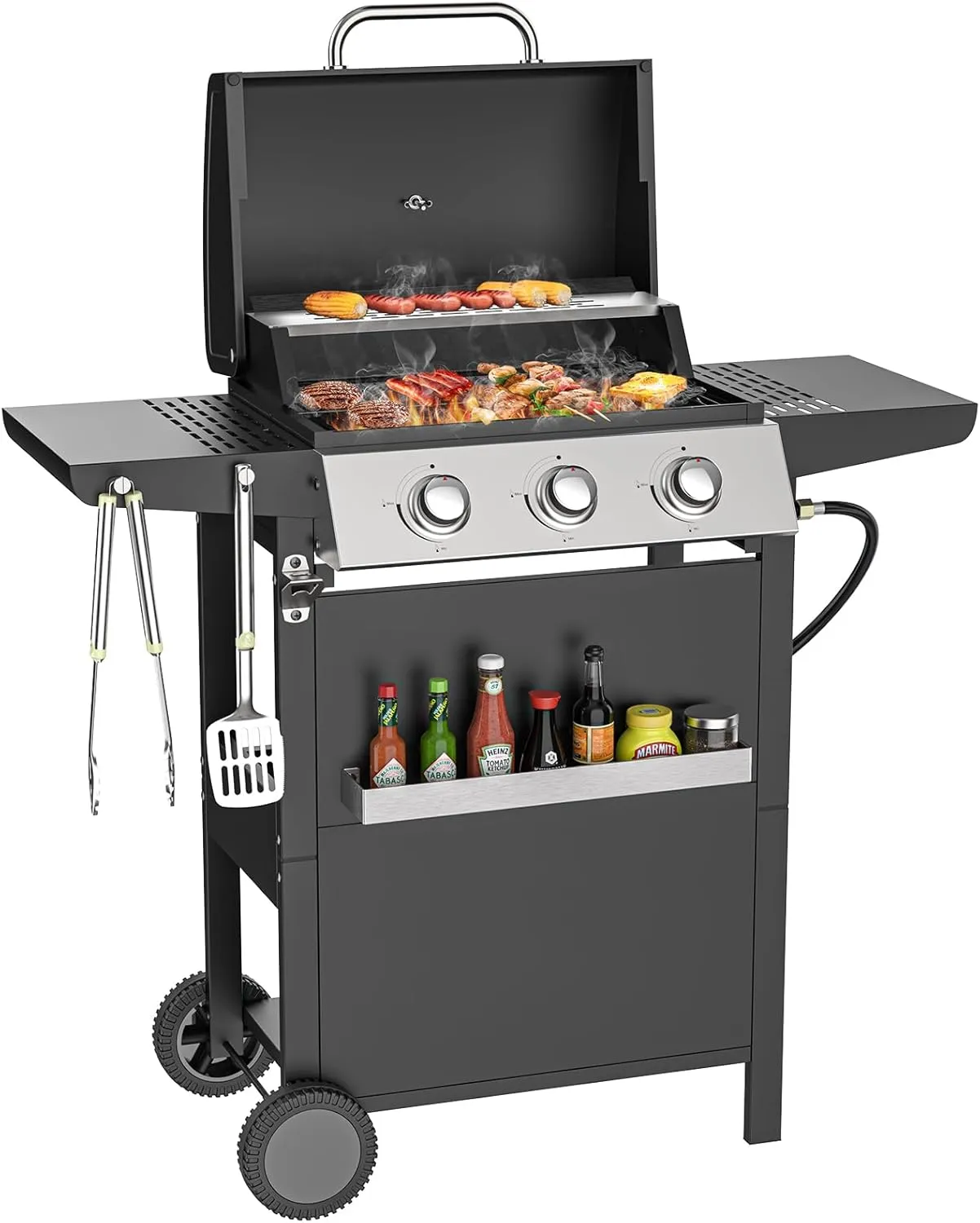 3 Burner BBQ Propane Gas Grill with Spice Rack, Stainless Steel Patio Garden Barbecue Grill with Two Side Shelves,36,000 BTU Outdoor Barbecue Cooking with Top Cover Lid (3 Burner A)