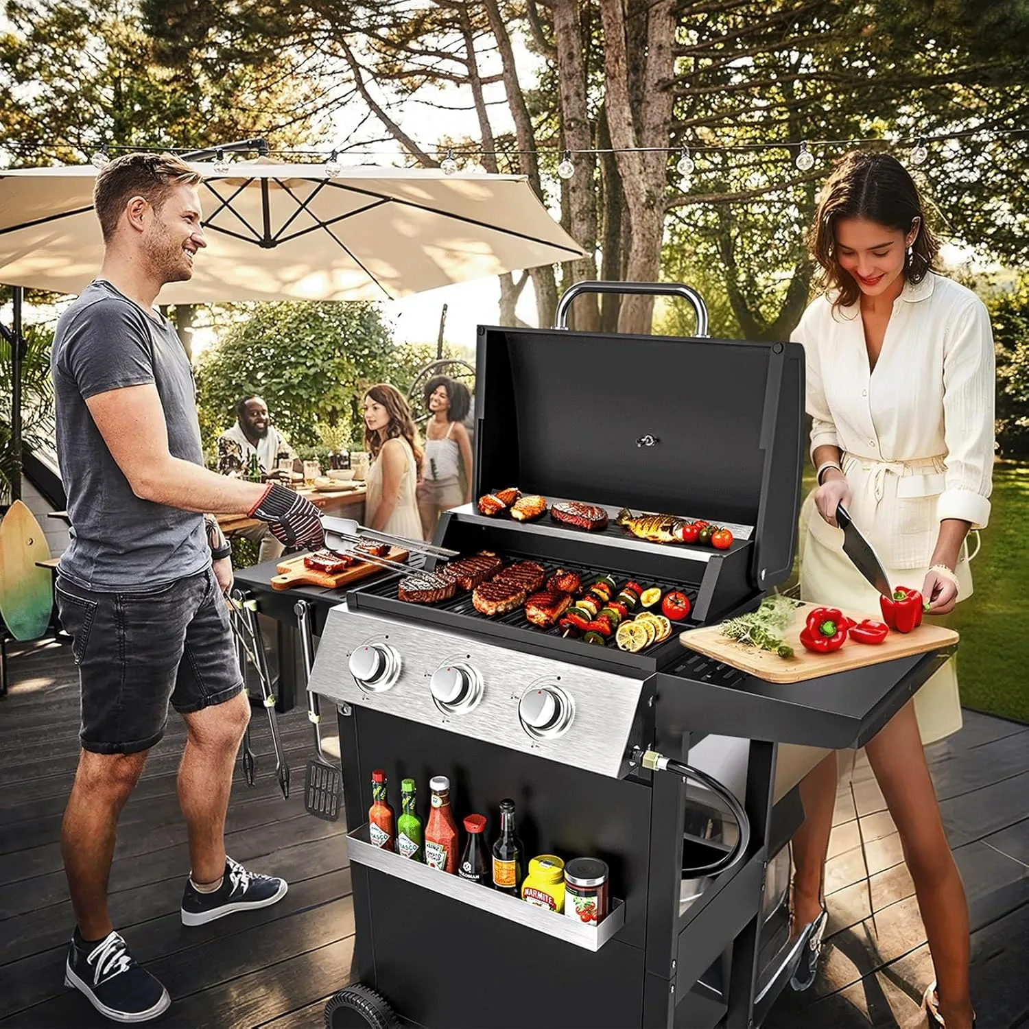 3 Burner BBQ Propane Gas Grill with Spice Rack, Stainless Steel Patio Garden Barbecue Grill with Two Side Shelves,36,000 BTU Outdoor Barbecue Cooking with Top Cover Lid (3 Burner A)