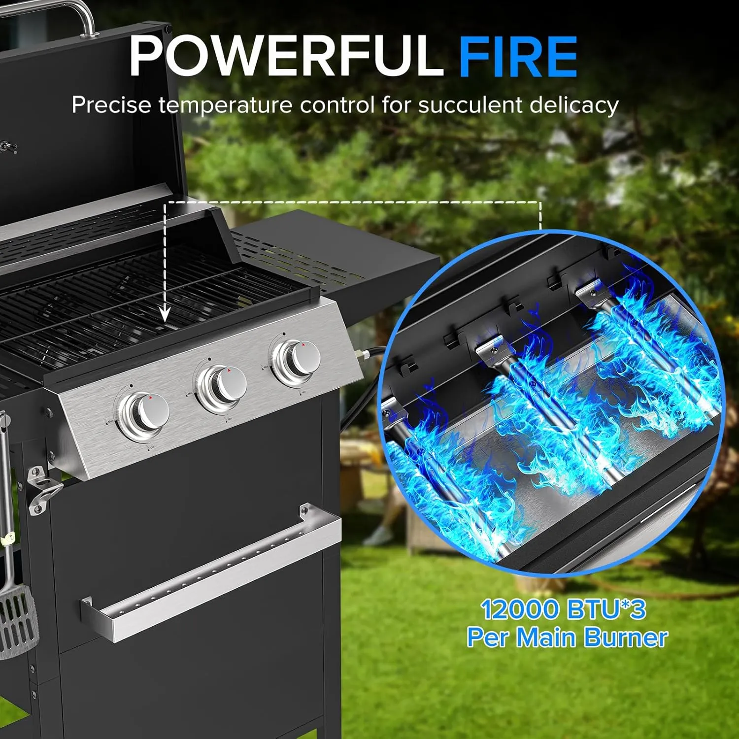 3 Burner BBQ Propane Gas Grill with Spice Rack, Stainless Steel Patio Garden Barbecue Grill with Two Side Shelves,36,000 BTU Outdoor Barbecue Cooking with Top Cover Lid (3 Burner A)