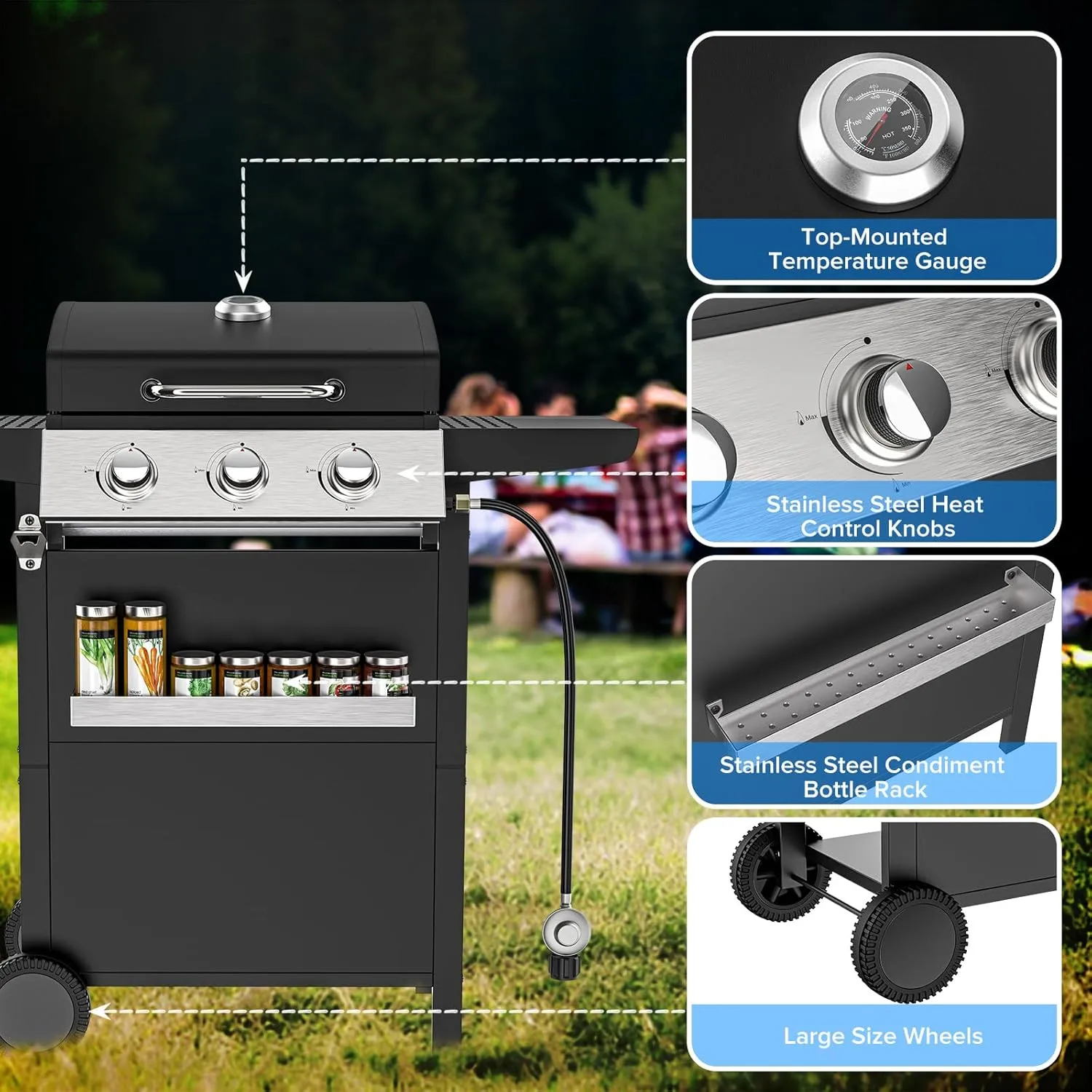 3 Burner BBQ Propane Gas Grill with Spice Rack, Stainless Steel Patio Garden Barbecue Grill with Two Side Shelves,36,000 BTU Outdoor Barbecue Cooking with Top Cover Lid (3 Burner A)