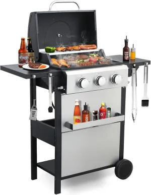 3-Burner Propane Gas BBQ Grill, Stainless Steel Propane Grill 36,900 BTU Outdoor Cabinet Style with Wheels, Wire Rack and Two Foldable Side Table for Outdoor Barbecue Cooking (3-Burner Grill,Silver)