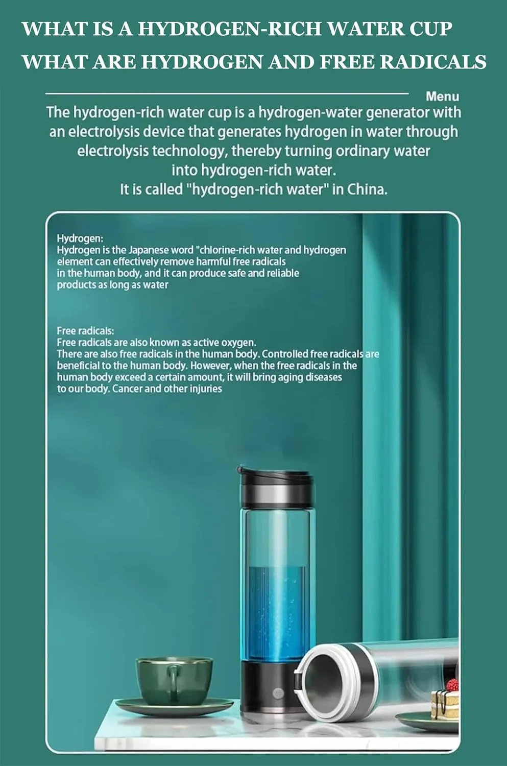 3-in-1 Hydrogen Water Bottle Generator, SPE Electrolysis Technology, USB Rechargeable Portable Hydrogen Water Generator, Hydrogen Content up to 5500PPB
