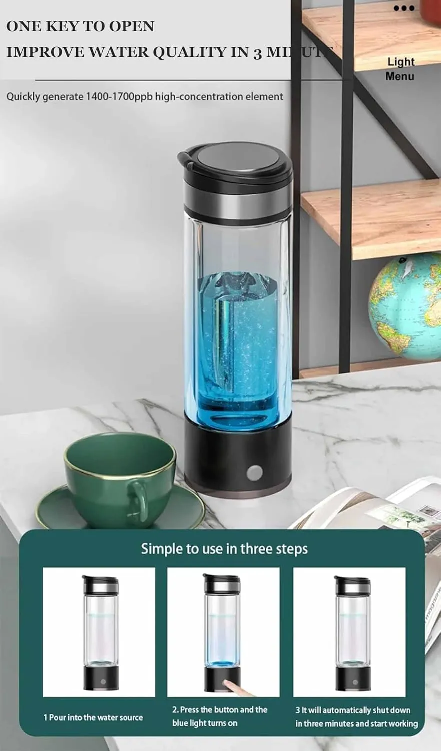 3-in-1 Hydrogen Water Bottle Generator, SPE Electrolysis Technology, USB Rechargeable Portable Hydrogen Water Generator, Hydrogen Content up to 5500PPB