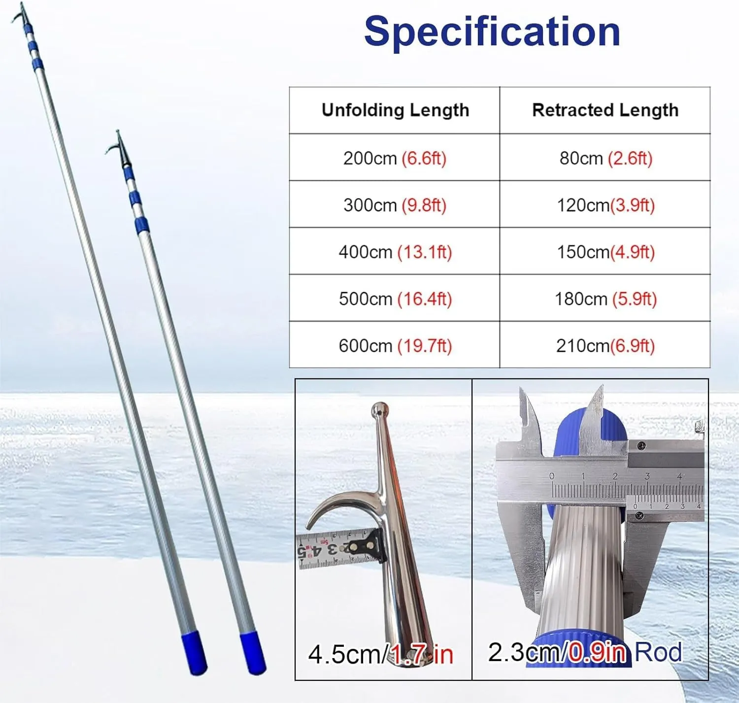 3 Pack Cargo Grabber Reach Retriever Tool, Commercial Push Pole for Yachts/Fishing Boats, Heavy Duty Water Rescue Hook Rod, Lenght Adjustable Grappling Hooks