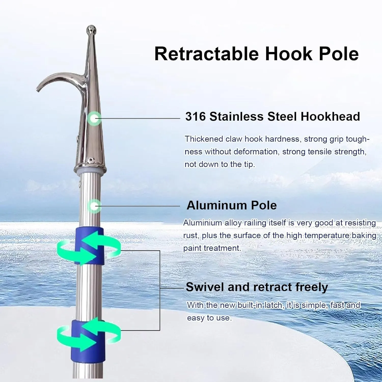 3 Pack Cargo Grabber Reach Retriever Tool, Commercial Push Pole for Yachts/Fishing Boats, Heavy Duty Water Rescue Hook Rod, Lenght Adjustable Grappling Hooks