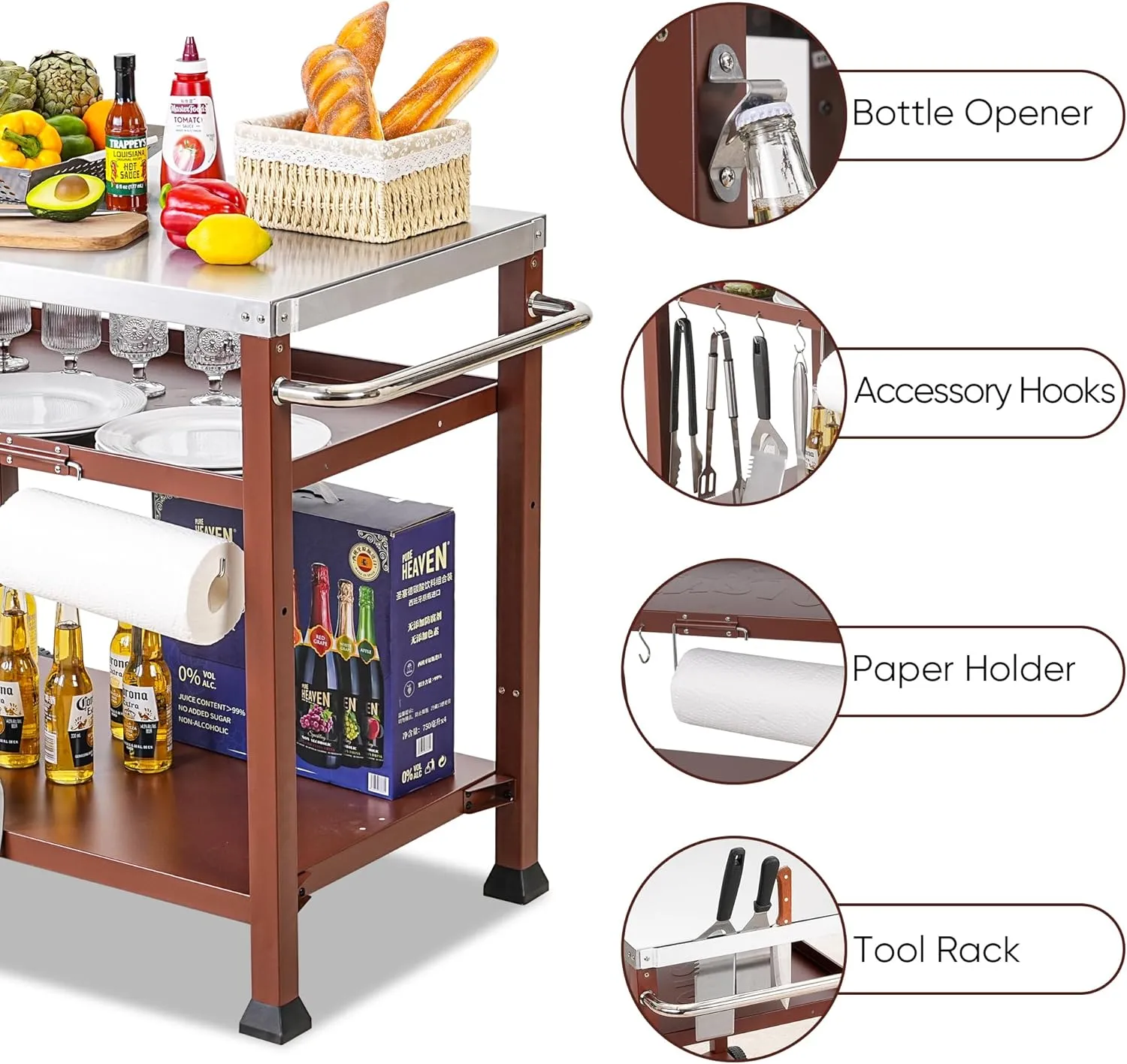 3-Shelf Outdoor Grill Table,Grill Cart Pizza Oven Table for Outside,Movable Prep Cart,Indoor & Outdoor Cooking Station,Grill Cart with Wheels, Metal Work Table for Ooni 14'' Blackstone Griddle