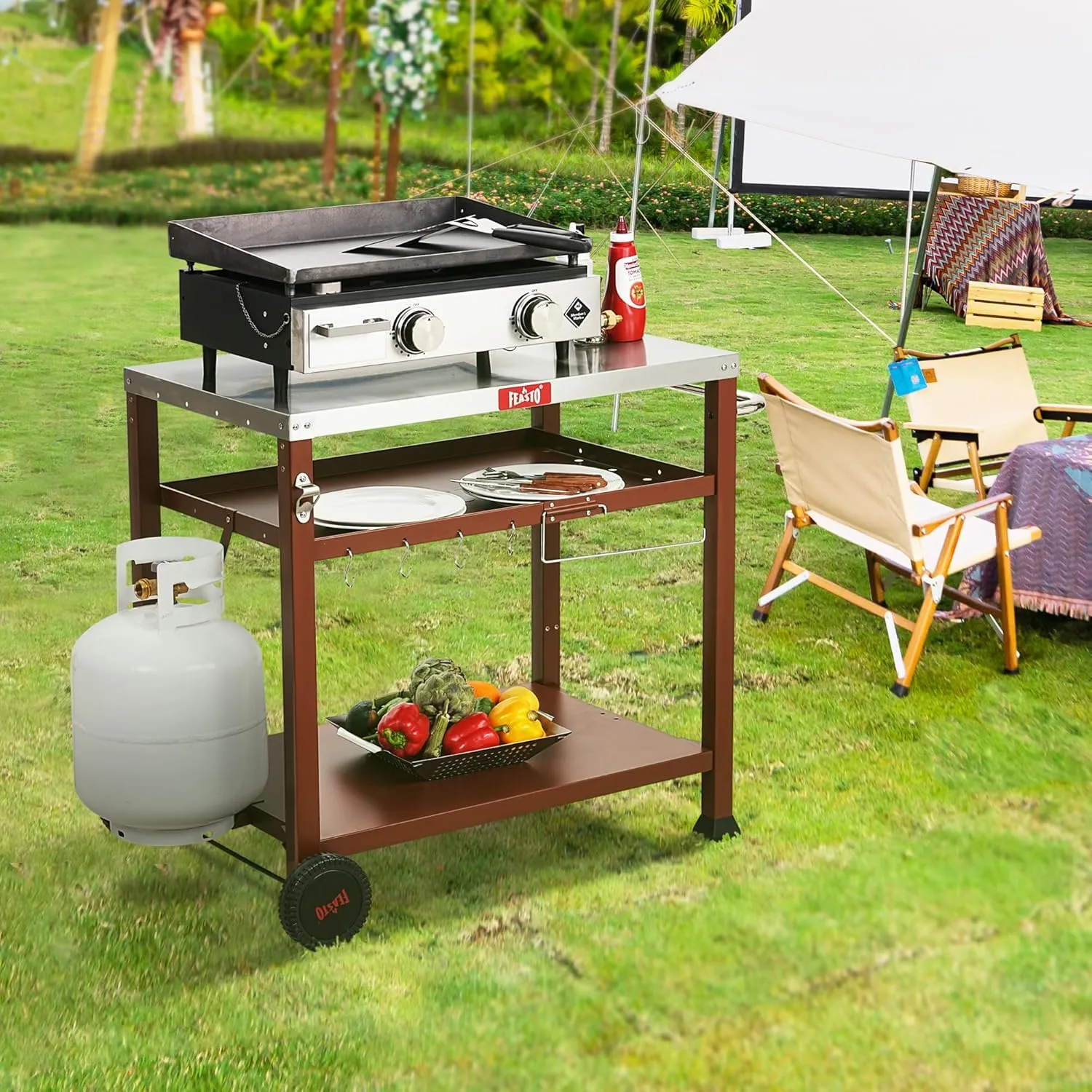 3-Shelf Outdoor Grill Table,Grill Cart Pizza Oven Table for Outside,Movable Prep Cart,Indoor & Outdoor Cooking Station,Grill Cart with Wheels, Metal Work Table for Ooni 14'' Blackstone Griddle