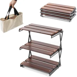 3-Tier Solid Beech Wood Foldable Camping Table with Steel Frame, Portable Lightweight Outdoor Picnic Storage Rack for BBQ Grill Cooking, Hiking, Travel, Indoor & Outdoor Use