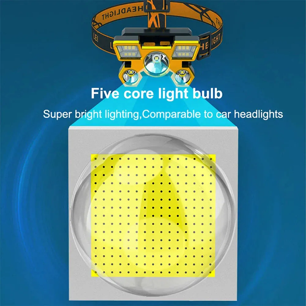 300Watts Powerful 5-head LED Headlamp Built-in Rechargeable Batteries Camping Headlights Hunting Torch Hiking Front Lanterns