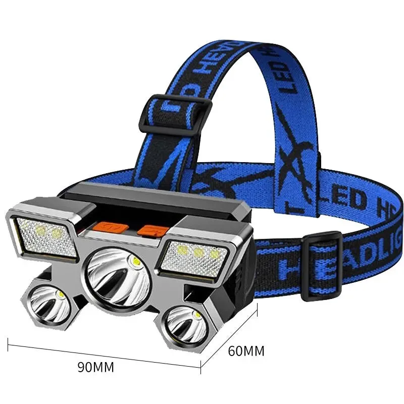 300Watts Powerful 5-head LED Headlamp Built-in Rechargeable Batteries Camping Headlights Hunting Torch Hiking Front Lanterns