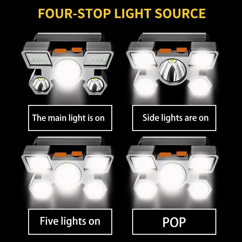 300Watts Powerful 5-head LED Headlamp Built-in Rechargeable Batteries Camping Headlights Hunting Torch Hiking Front Lanterns