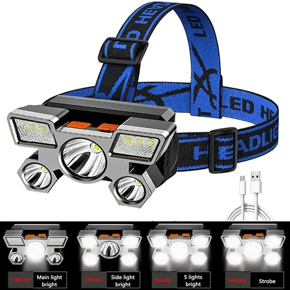 300Watts Powerful 5-head LED Headlamp Built-in Rechargeable Batteries Camping Headlights Hunting Torch Hiking Front Lanterns