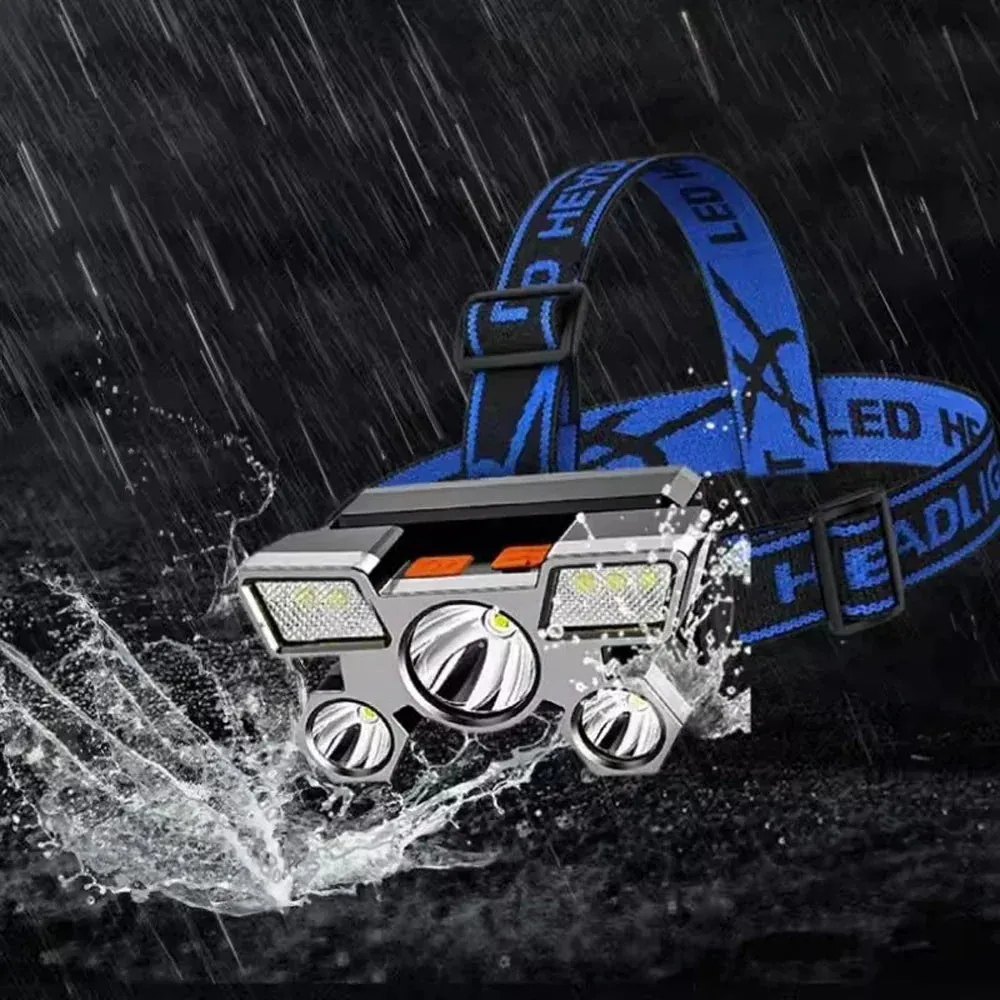 300Watts Powerful 5-head LED Headlamp Built-in Rechargeable Batteries Camping Headlights Hunting Torch Hiking Front Lanterns