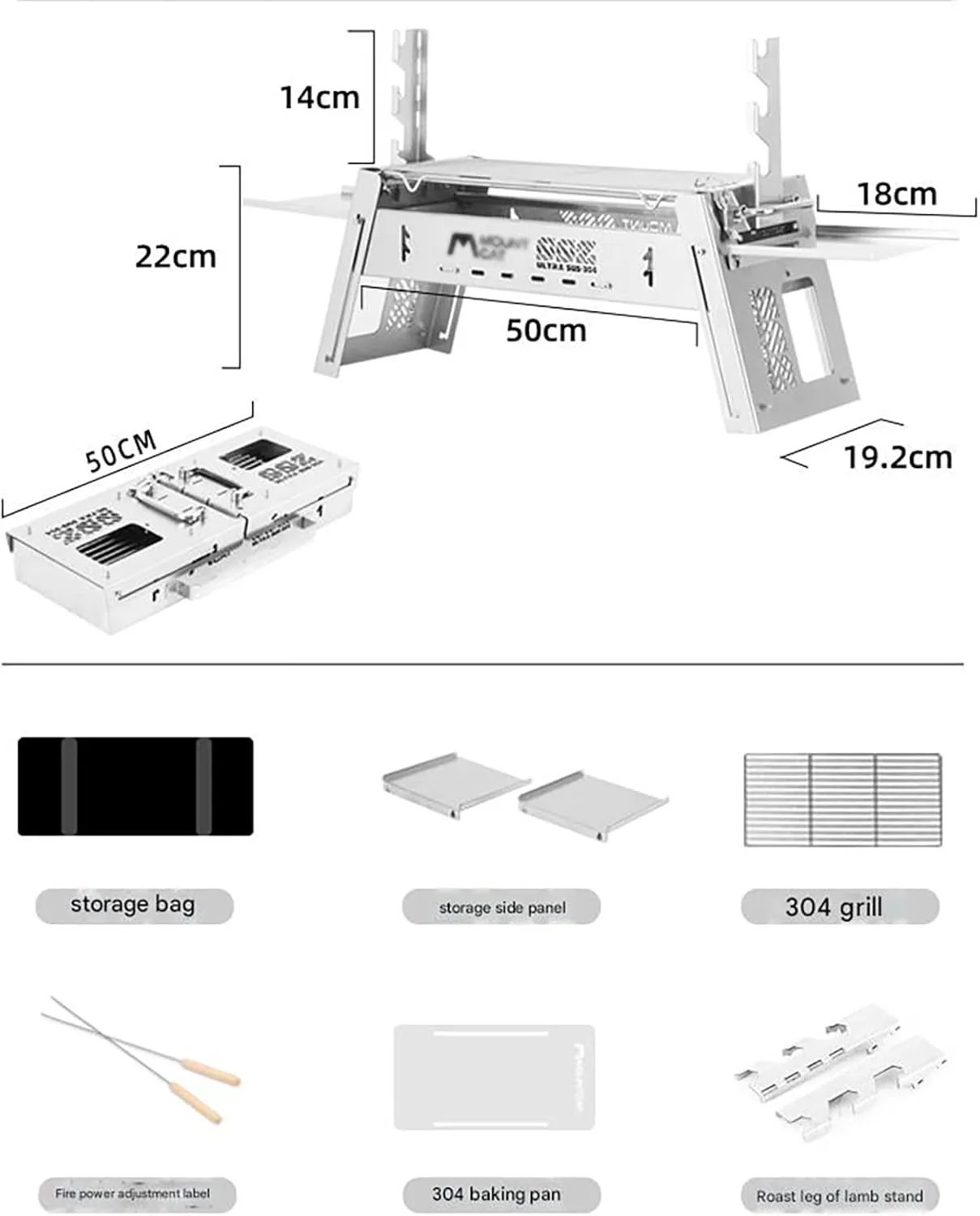 304 Stainless Steel Folding Barbecue Stove Outdoor Household Charcoal Stove Convenient Storage Thick Stove Portable Camping Grill 16-piece set