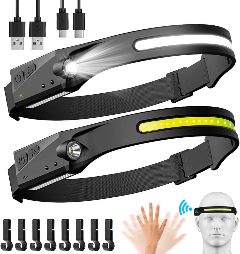 350 Lumens & 5 Modes Led Headlamps 230°Wide Beam Packs 2 with Sensor Motion Dual-Light Running, USB Rechargeable Waterproof Flashlights for Camping Hiking Adults, Black