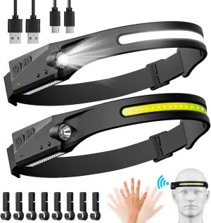 350 Lumens & 5 Modes Led Headlamps 230°Wide Beam Packs 2 with Sensor Motion Dual-Light Running, USB Rechargeable Waterproof Flashlights for Camping Hiking Adults, Black