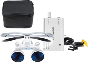 3.5X Silver Binocular Loupes 3W Headlight Yellow Filter with Clip On Headlamp Cloth Black Suitcase